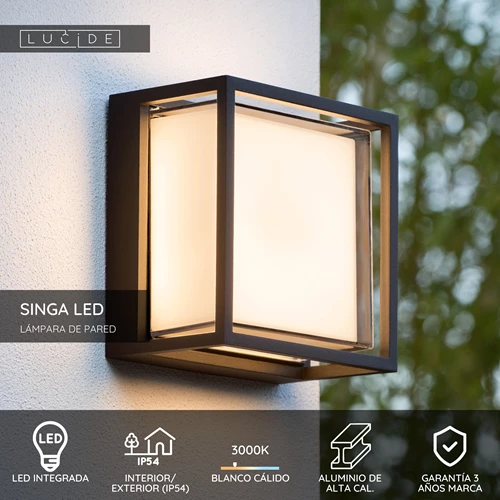 Lucide SINGA LED - Lámpara de pared Dentro/Fuera - LED - 1x10W 3000K - IP54 - Negro - USP